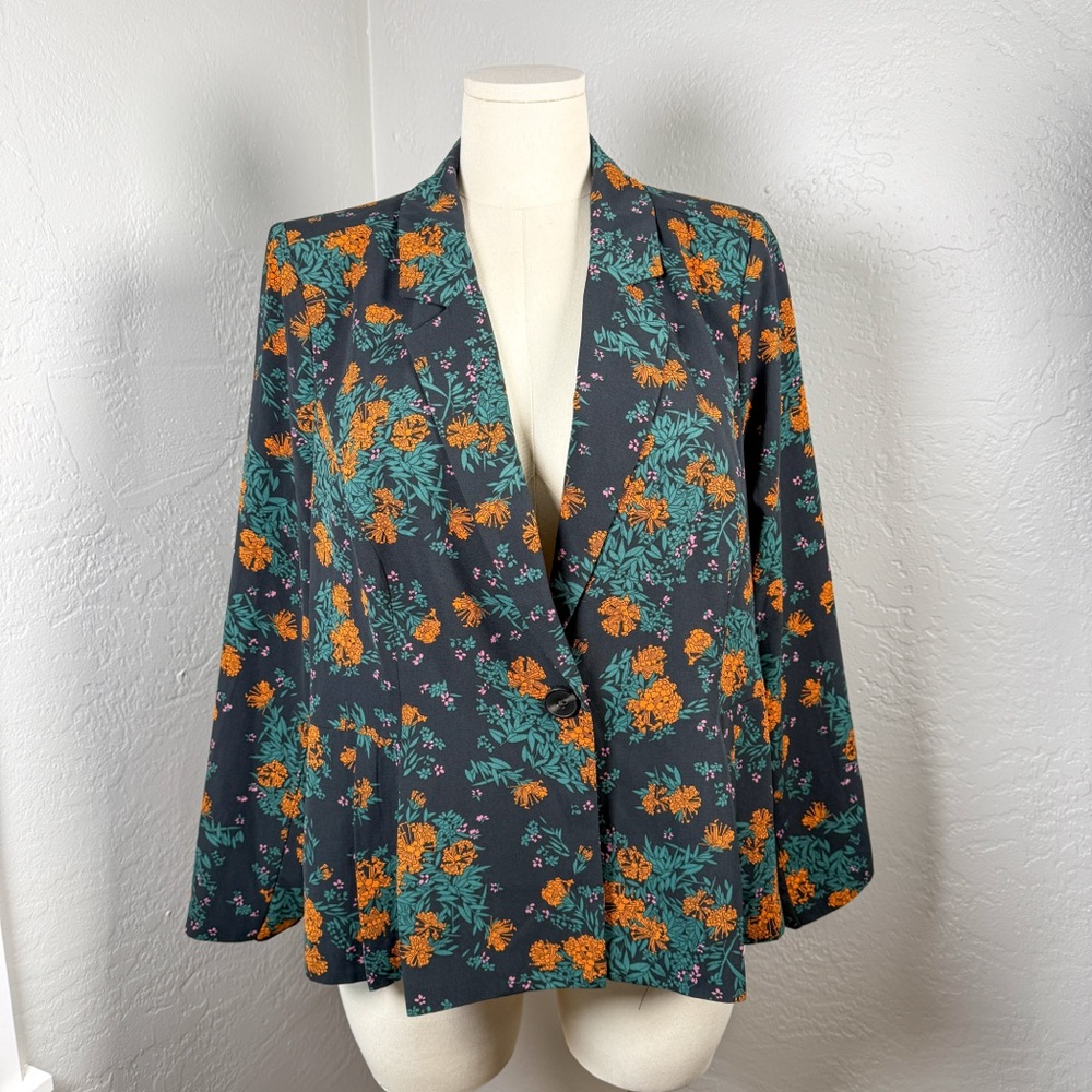 ModCloth Black Floral Vibrant Orange Flowers One Button Blazer Plus Size 2X NWT